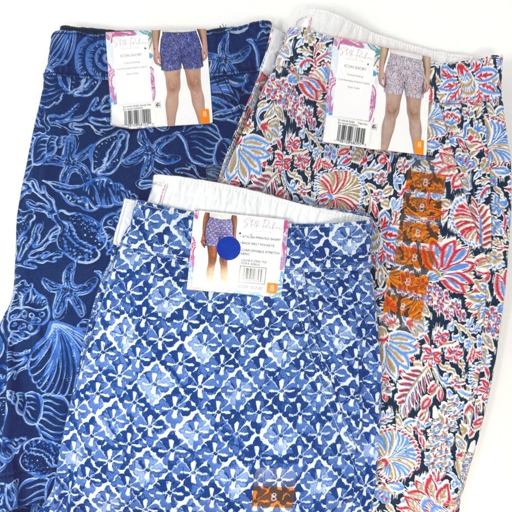 Stella Parker Icon Shorts Lot of 3 Size‎ 8 Floral Geometric Blue Stretch NEW